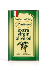 MONTINARO front of 3 liter tin showing brand and Coratina label, ensures fresh storage