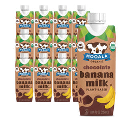 Mooala bottle front packaging showing organic label and chocolate banana flavor for convenience