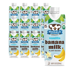 Mooala bottle front packaging showing organic label and vanilla banana flavor, convenient grab-and-go