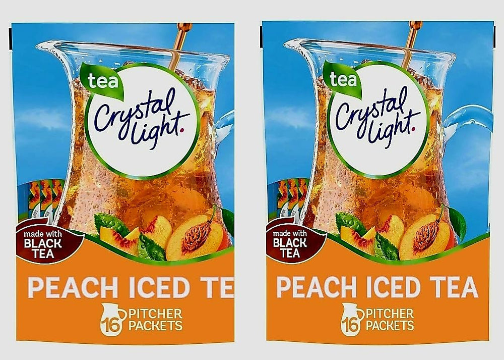 MOOCHI front packaging of Crystal Peach iced tea showing convenient pitcher packets and serving suggestion