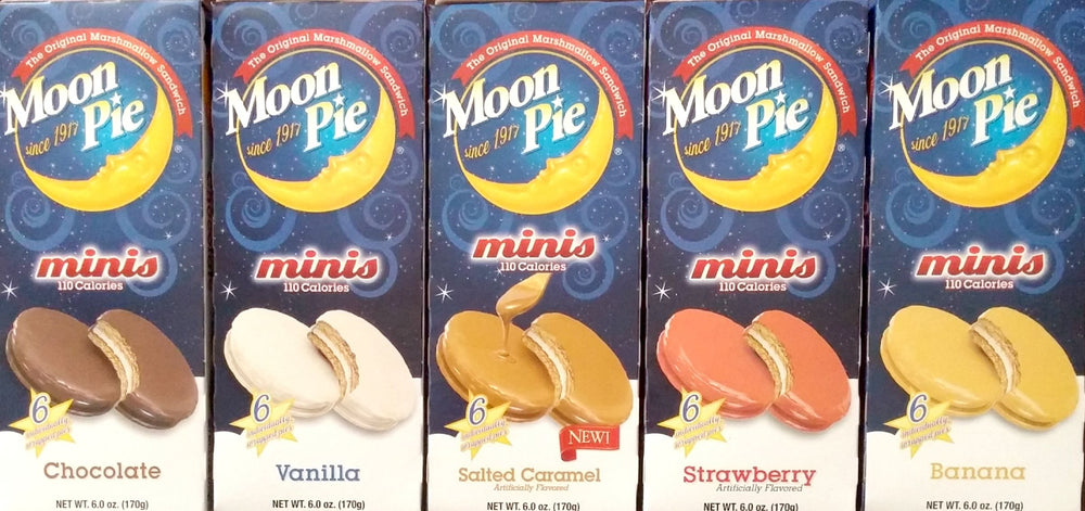 Moon Pie front packaging showing five boxes and convenient variety for sharing