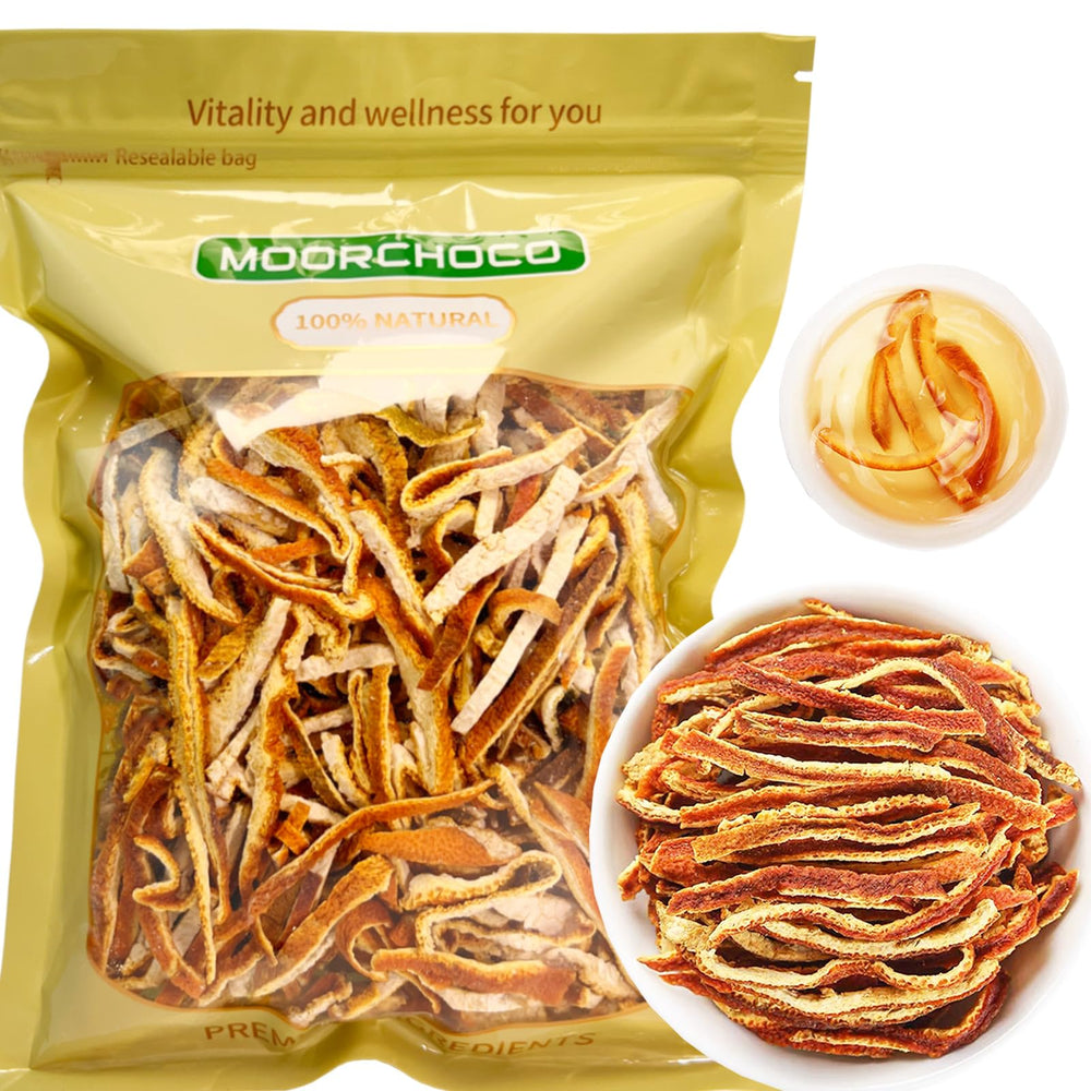 MOORCHOCO front packaging display showing dried tangerine peel benefits