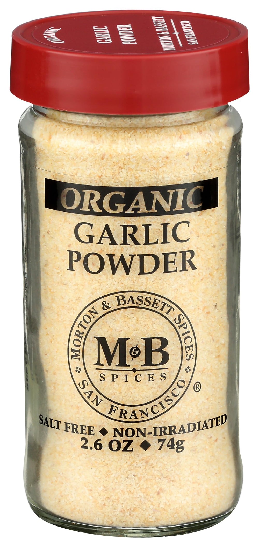 Morton & Bassett front packaging showing organic garlic powder, clear label benefit