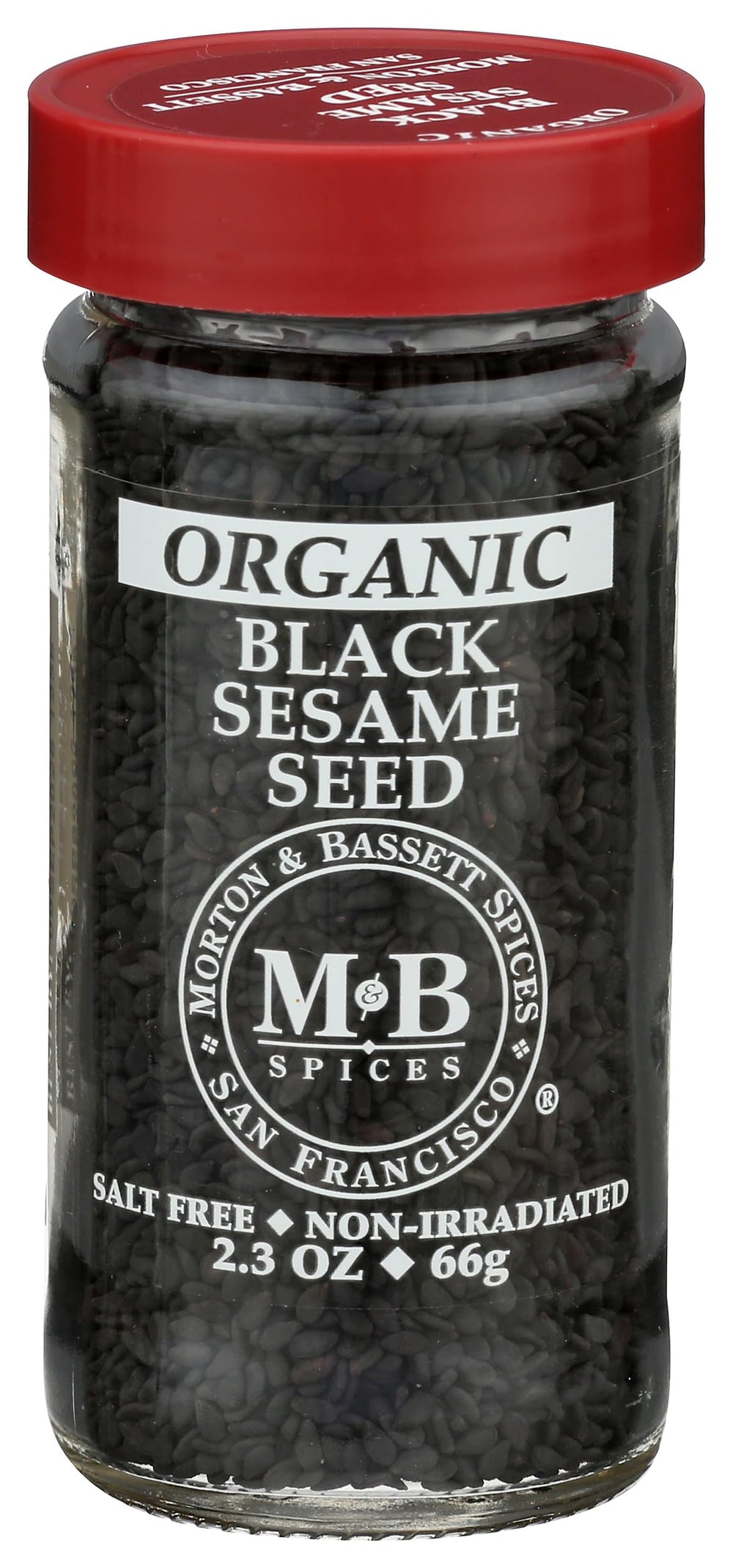 Morton & Bassett jar front view showing organic black sesame seeds for fresh garnish