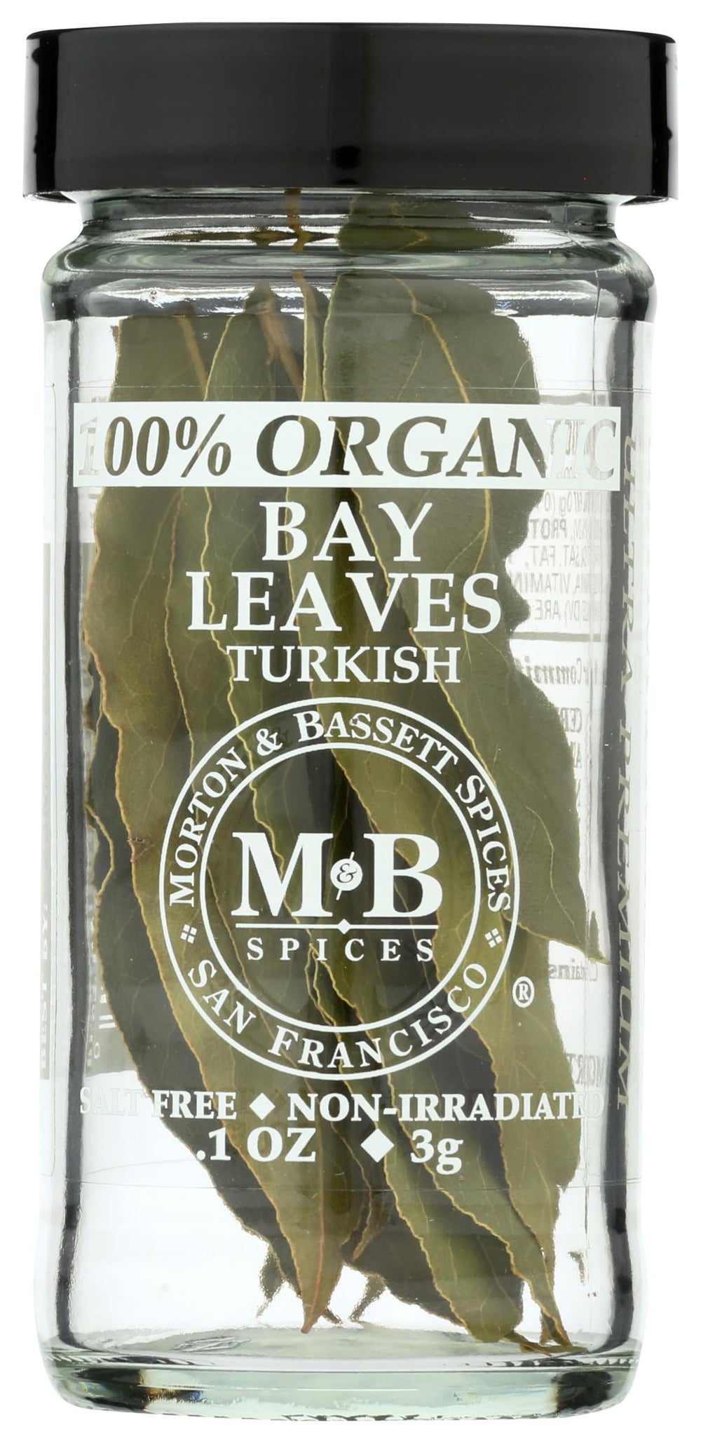 Morton & Bassett front jar image showing whole bay leaves and clear labeling benefit freshness