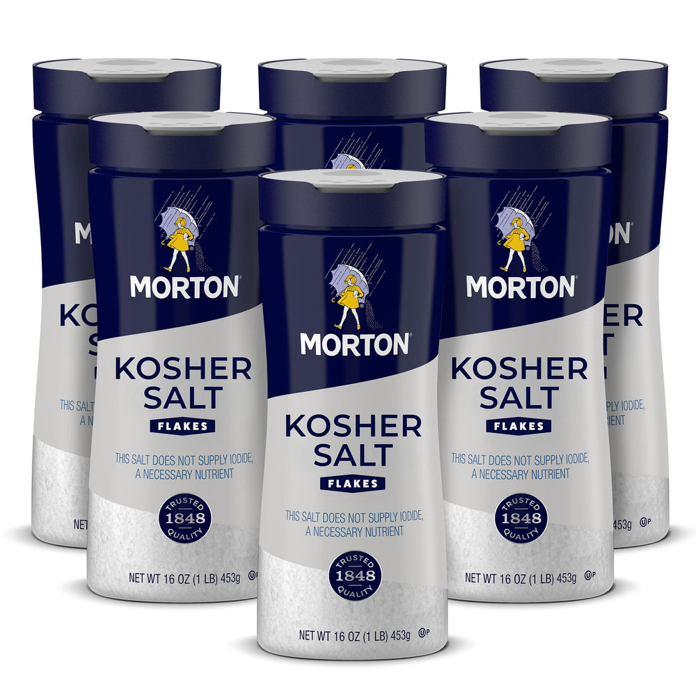 Morton coarse kosher salt front packaging showing brand and shaker usefulness