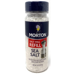 Morton extra coarse sea salt front bottle showing label and size for easy refilling