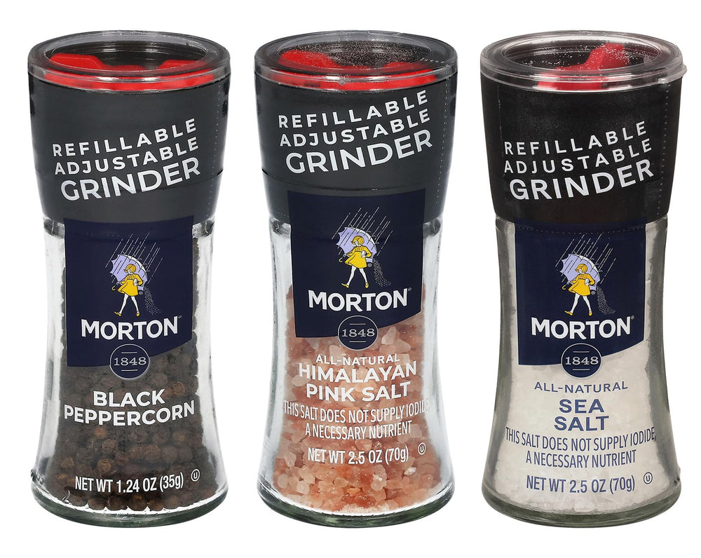 Morton front packaging showing grinders and salts for convenient seasoning