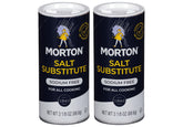 Morton Salt Substitute front packaging showing clear label and shaker, Morton helps reduce sodium