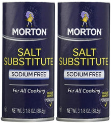 Morton Salt substitute front packaging showing shaker and easy lower-sodium seasoning