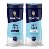 Morton fine sea salt front bottle showing clear label and easy pouring benefit