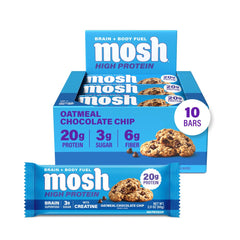 MOSH front packaging showing oatmeal chocolate chip bars and nutritional highlights