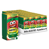 Mott's front packaging of 4.23 fl oz apple juice boxes showing brand and design benefits
