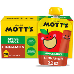 Mott's front packaging of cinnamon applesauce pouch showing brand and convenience