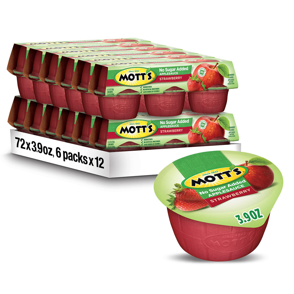 Mott's clear front packaging showing strawberry applesauce cup, convenient portion