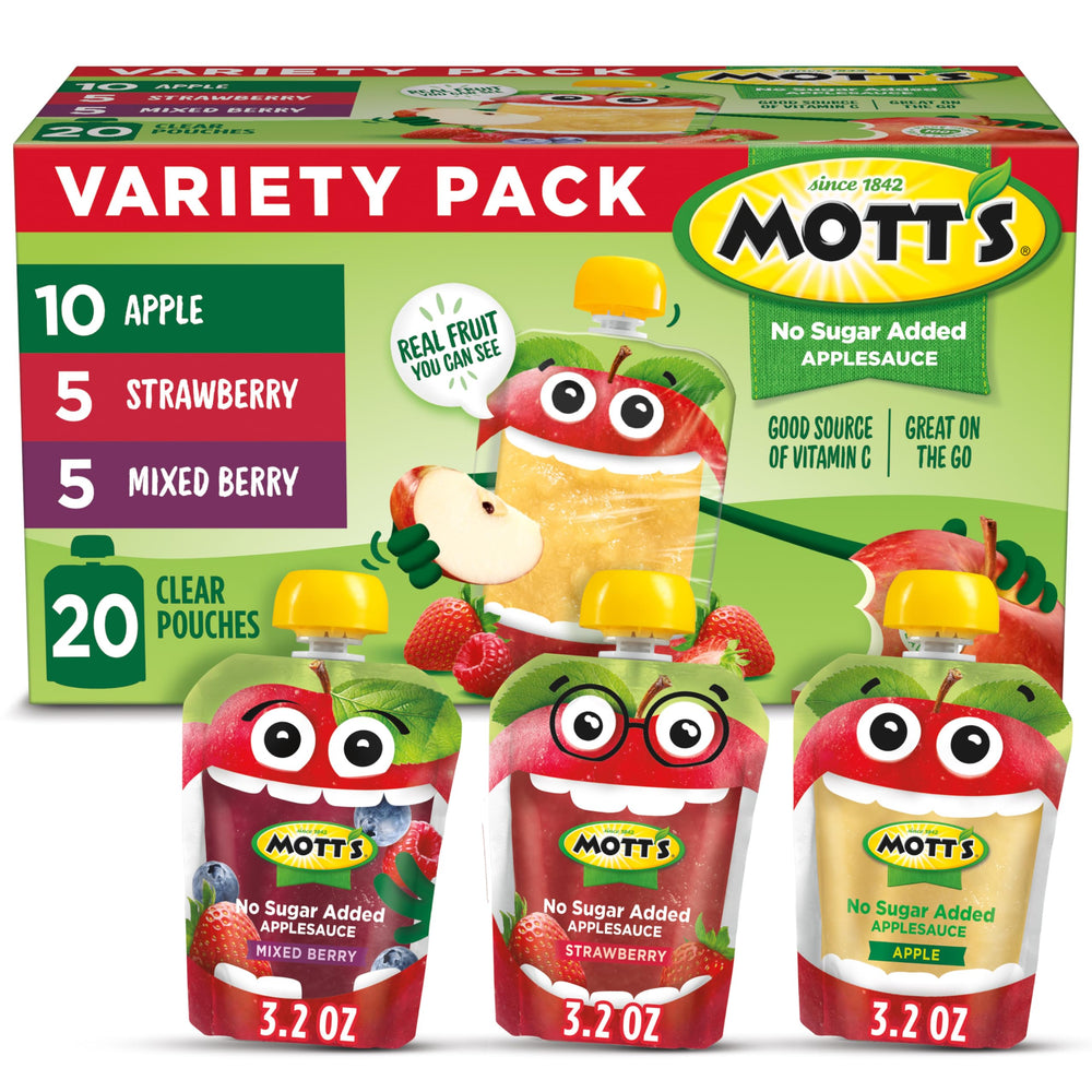 Mott's front packaging showing the 20-pack and variety claim for quick selection