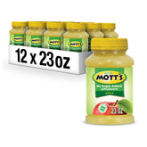 Mott's front packaging shows 23 oz jar, clear fruit flavor and family-friendly convenience