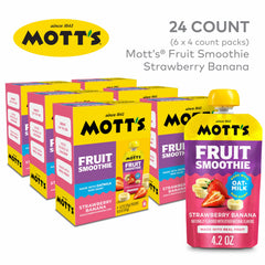 Mott’s clear pouch close-up revealing smoothie color and real fruit pieces benefit