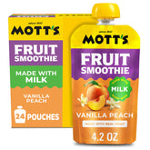 Mott's front packaging showing Vanilla Peach pouches and quantity benefit