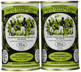 Moulin jar front view showing label and brined green peppercorns, ideal for pantry