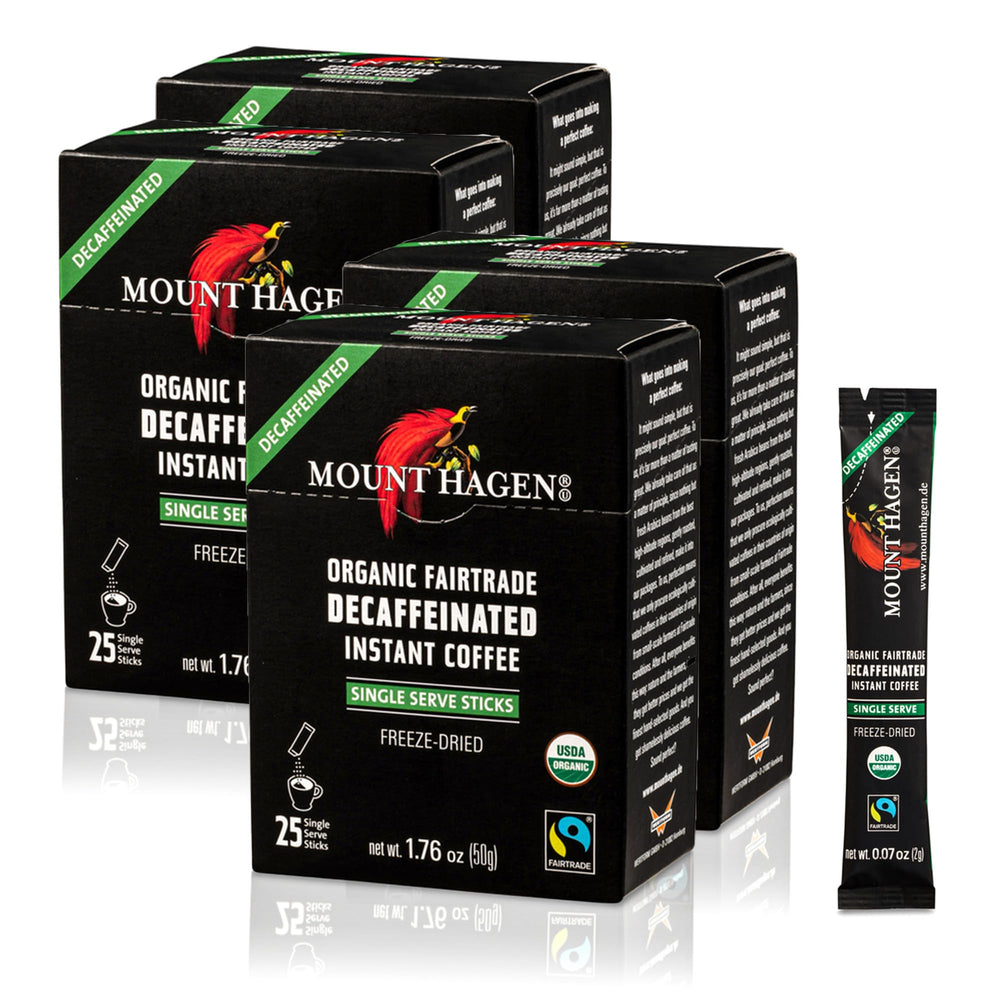 Mount Hagen front packaging showing organic decaf sticks and benefits