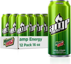 Mountain Dew AMP front packaging showing 12-pack and bold branding for quick grab