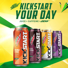 Mountain Dew Kickstart close-up of can label and tab highlighting black cherry flavor and crisp taste