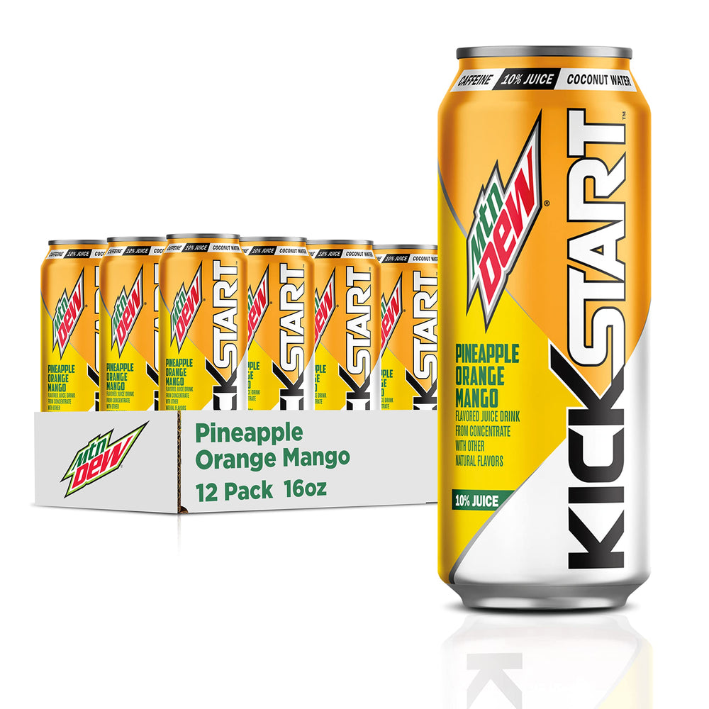Mountain Dew Kickstart front can showing label and flavor, highlights convenience