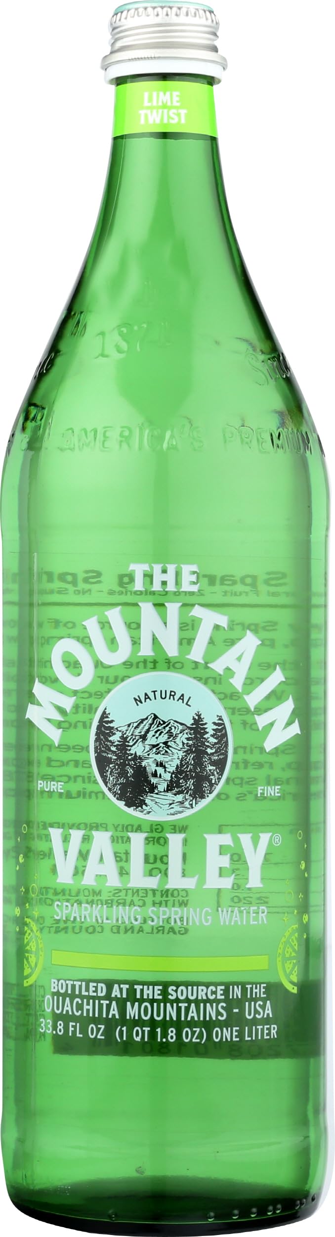 The Mountain Valley front bottle showing 33.8 fl oz and lime flavor, refreshing and convenient