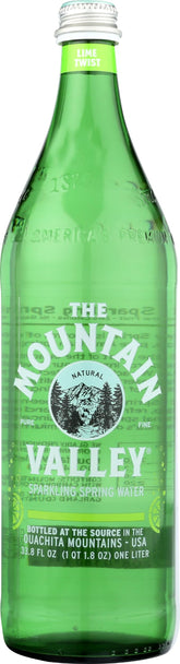 The Mountain Valley front bottle showing 33.8 fl oz and lime flavor, refreshing and convenient