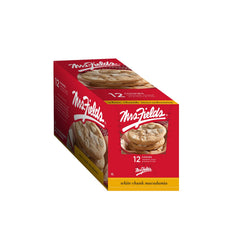 Mrs. Fields front packaging of white chunk macadamia cookies shows brand and pack benefits