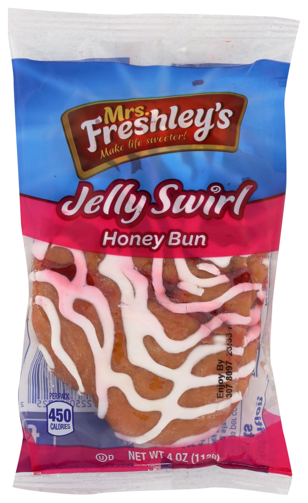 Mrs. Freshley's front packaging showing a jumbo jelly swirl honey bun, convenient grab-and-go