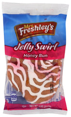Mrs. Freshley's front packaging showing a jumbo jelly swirl honey bun, convenient grab-and-go