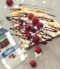 Mrs Taste syrup drizzled on pancakes adding chocolate-hazelnut flavor