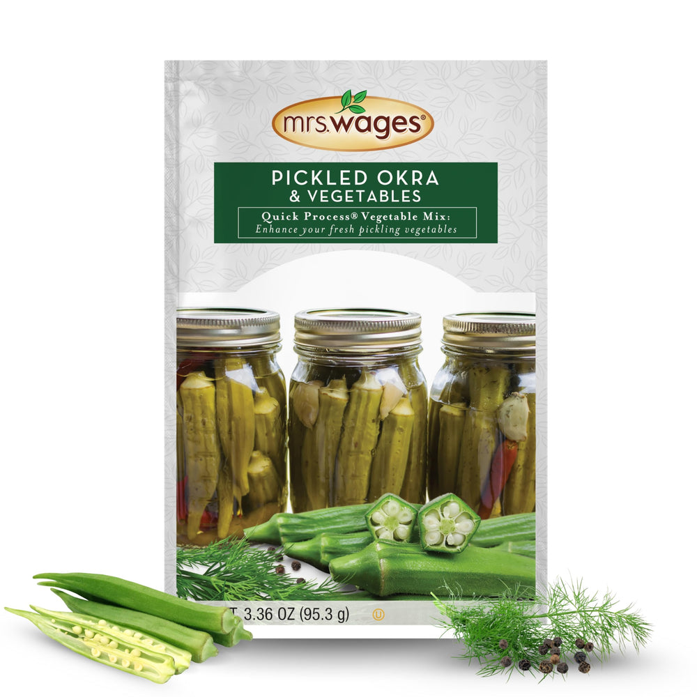 Mrs. Wages front packaging showing pickled okra mix and packet benefits