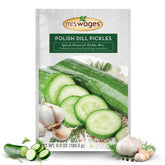 Mrs. Wages front packaging showing Polish Dill Pickles mix and benefits