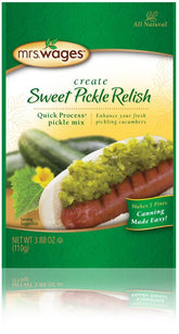 Mrs. Wages front packaging showing recipe-ready relish mix and packet benefit