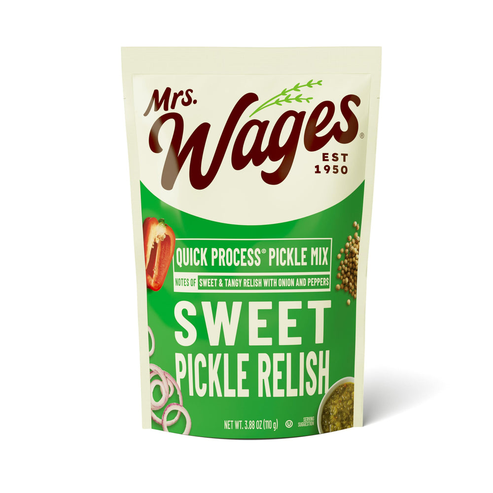 Mrs. Wages front packaging showing 12 individual relish packets and benefits