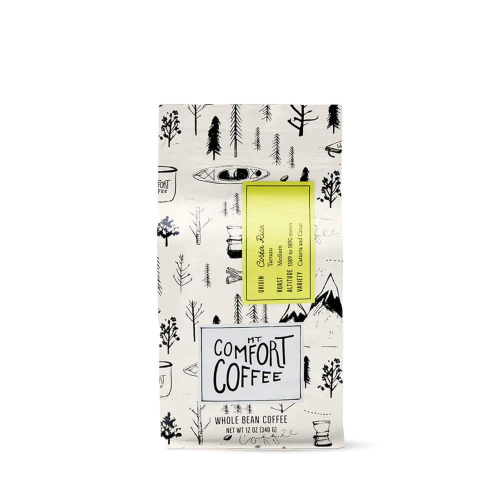 Mt. Comfort Coffee front package showing whole-bean freshness and balanced flavor benefits