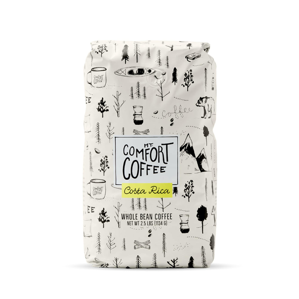Mt. Comfort Coffee front packaging showing 2.5 lb resealable bag and label benefits
