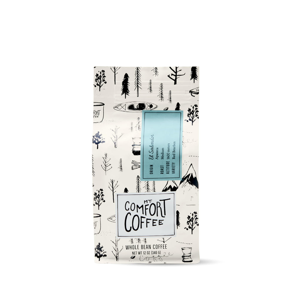 Mt. Comfort Coffee front packaging showing 12 oz bag and flavor notes for convenience