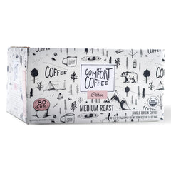 Mt. Comfort Coffee front packaging showing organic Peru pods and benefit of freshness