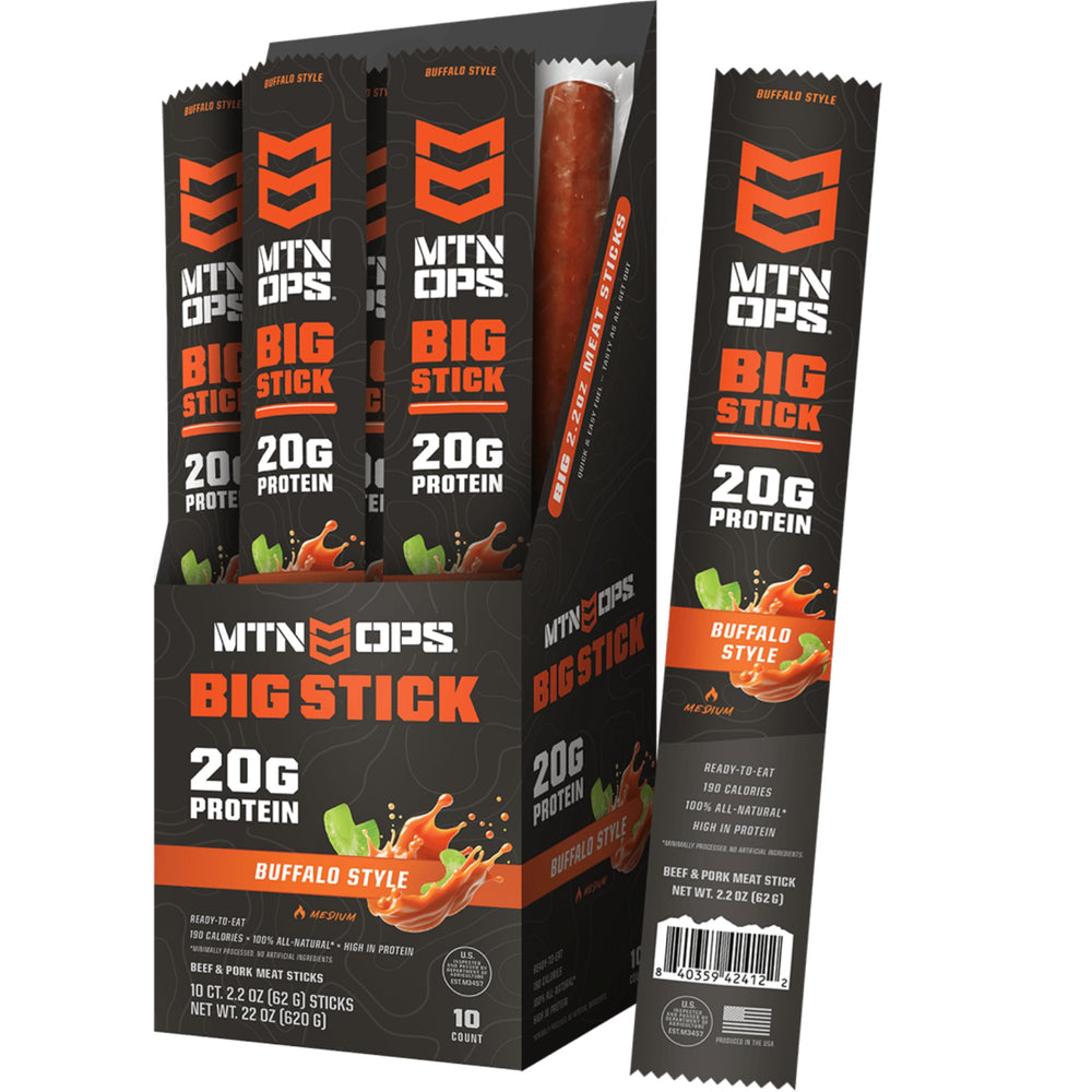 MTN OPS front packaging showing buffalo flavor and protein benefit