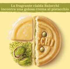 mulino bianco biscuit cross-section revealing soft pistachio cream filling inside