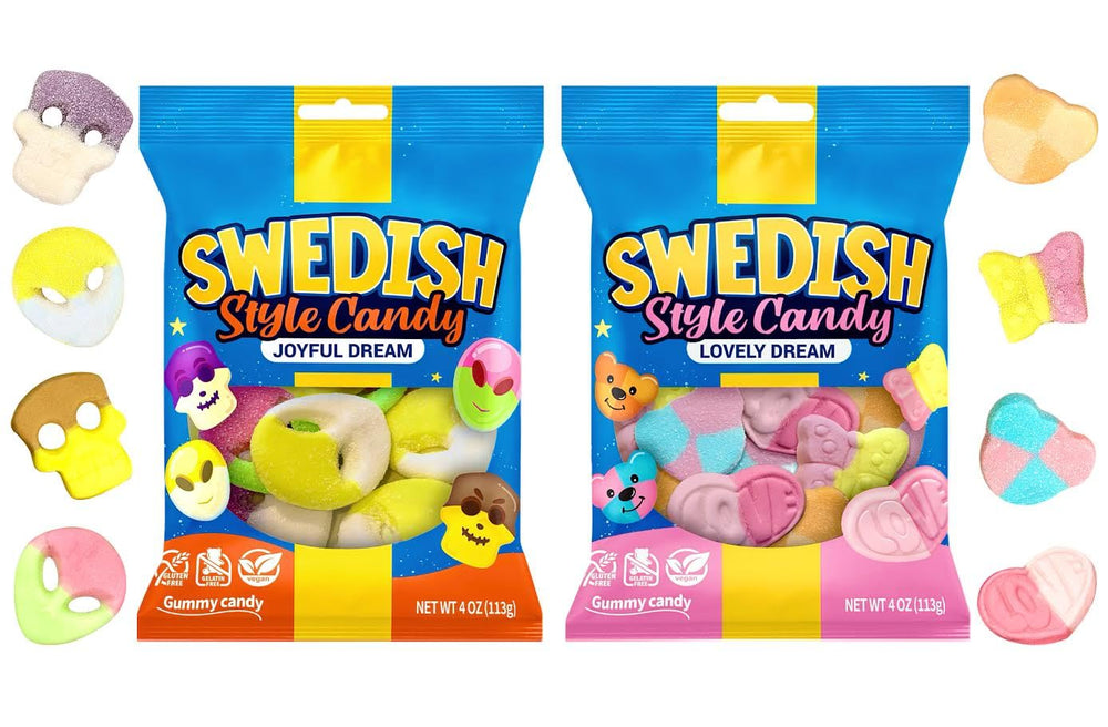Munchique front packaging showing both 4 oz bags and bright designs for gifting