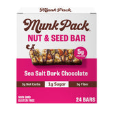 Munk Pack front packaging showing 24-count box and sea salt dark chocolate flavor benefit: convenient low-sugar snacks