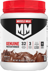 Muscle Milk front canister showing product branding and chocolate flavor benefit