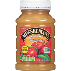 Close-up of Musselman's chunky applesauce texture with apple pieces highlighting natural fruit
