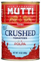 Mutti crushed tomatoes front packaging showing label and 6-pack freshness benefit