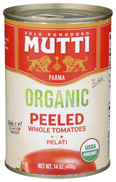 Mutti organic whole peeled tomatoes front can showing brand and vibrant color, enhances recipes